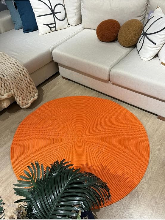 Turuncu Jüt Yuvarlak Hasır Görünümlü Klasik Halı Kilim Turuncu 90 x 90