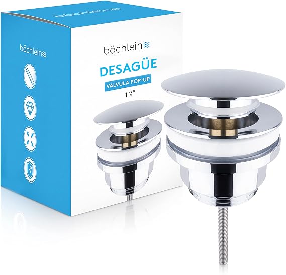 Bächlein Universal Drain with & without Overflow (Save of Space) for Washbasin & Sink - Chrome Automatic Pop Up Valve incl. 3 Gaskets for All Types of Washbasins - Installation with Instructions