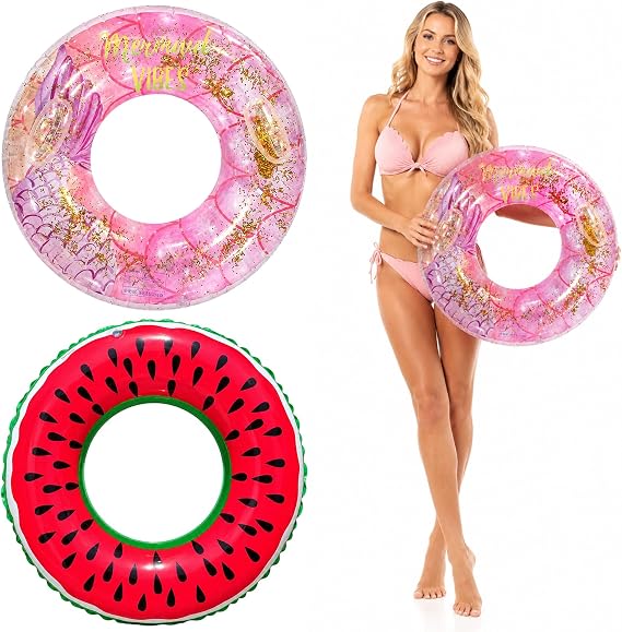 Inflatable Ring, Swimming Ring Pool Float, Rubber Ring for Water Activities, Two Pool Inflatable Swimming Rings for Beach and Pool Use, Watermelon and Mermaid Designs, Geeignet für 20–35 kg