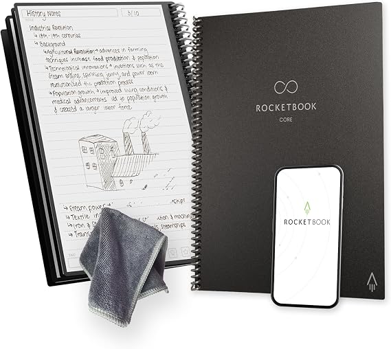 Rocketbook Core Reusable Spiral Notebook, Letter Size 21 cm x 29.7 cm, Black - Lined Pages, App-Connected, Erasable, Durable Cover, Ideal for School, Work, and Creative Projects