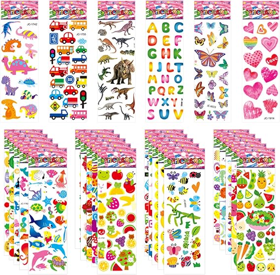 Jsdoin 50 Sheets Puffy Stickers for Kids, 1000+ Children 3D Stickers Party Bag Filler for Party Rewarding Gifts Scrapbooking Including Animals Letter Fish Dinosaurs Numbers Fruits Trucks Airplane