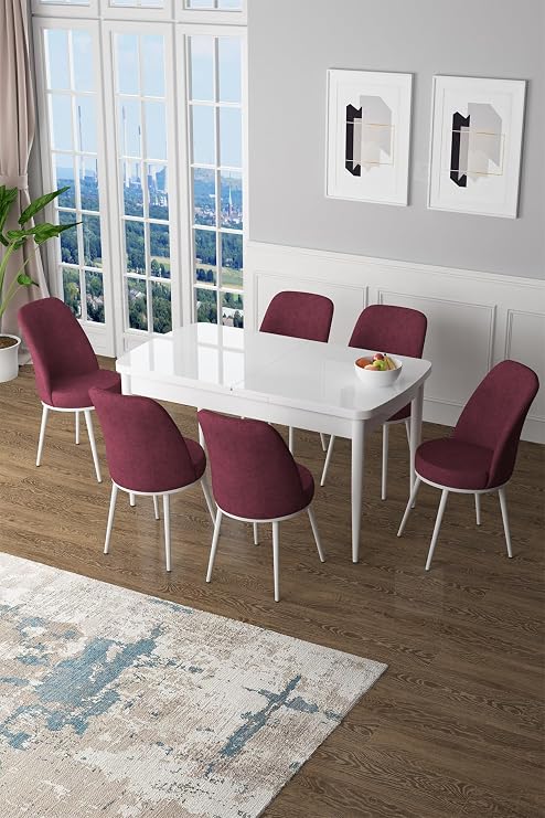 Zen Serisi 80x132 cm MDF Açılabilir Beyaz Masa Takımı, 6 Bordo Sandalye