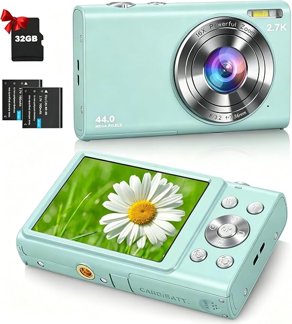 Sevenat Digital Camera 48MP 2.7K Compact Pink with 16X Zoom, Image Stabilization, Autofocus, 3" Screen, FHD 1080p Video, for Teens Students