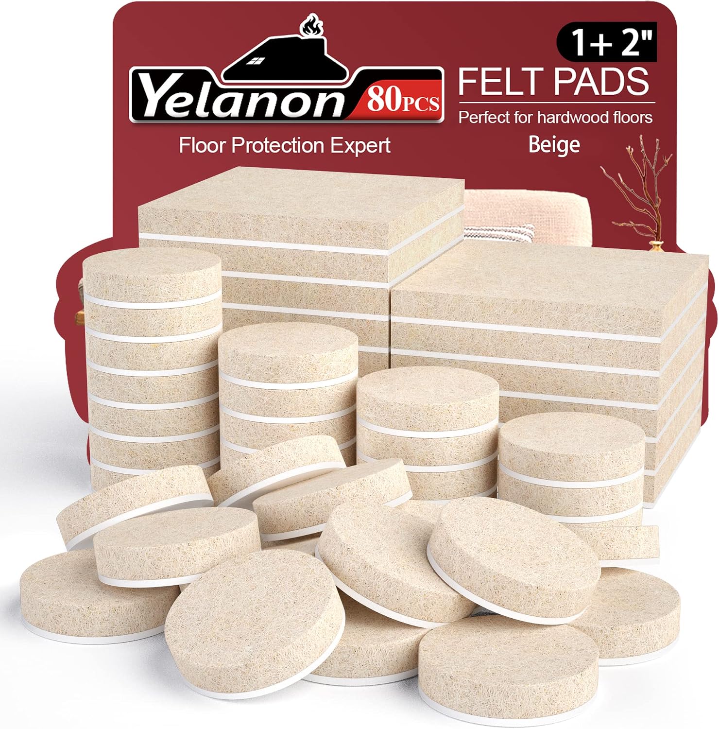 Yelanon Felt Furniture Pads - 80 Pcs Anti Scratch Floor Protectors for Hardwoods, Self Adhesive, Beige