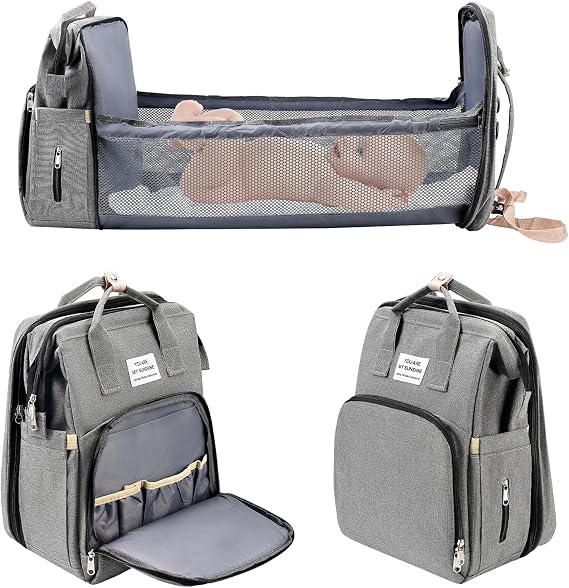 Baby Changing Bag, Nappy Changing Bag with Changing Mat, Large Capacity Baby Bags for Mum, Waterproof Portable Changing Bags Backpack with Foldable Cot Bed, Stroller Straps for Travel