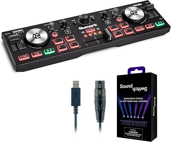 DJ Controller & DMX Bundle - DJ Controller with 2 Decks, DMX Interface & Serato DJ Lite – Numark DJ2GO2 Touch & SoundSwitch Micro DMX Interface