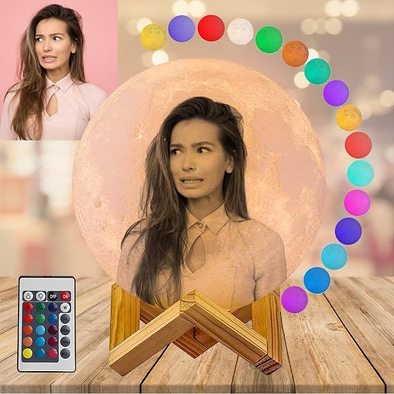 Personalised Moon Lamp, Custom Photo & Text, 16 Colors USB Charging Night Light with Touch Control Brightness, Perfect for Birthday, Halloween