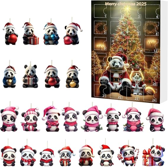 Christmas Tree Ornaments Car Rearview Mirror 2D Acrylic Panda Ornament | 24-Day Countdown Calendar 2025 for Kids Adults, Animal Pendant for Christmas Tree Car Rearview Mirror Party Wall Decor