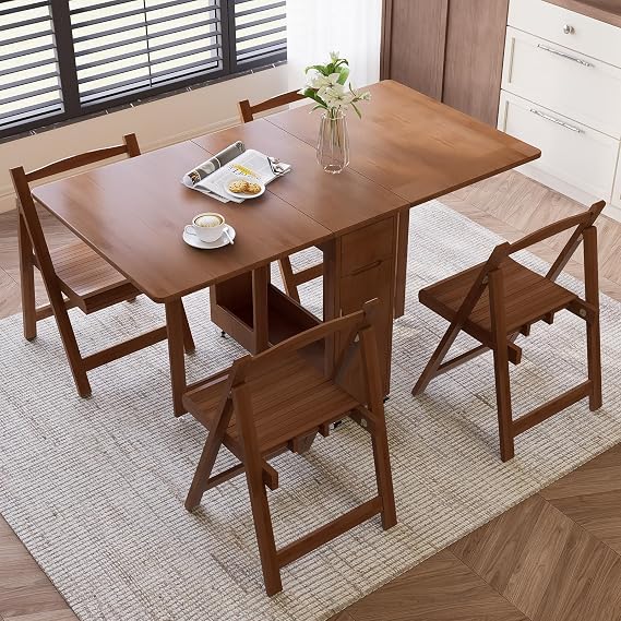 Folding Dining Table Set for 4 - Space Saving Kitchen Table with Chairs Storage Drawers Wheels - NO ASSEMBLED Compact Drop Leaf Breakfast Bar Foldable Furniture Small Apartment Bamboo Finish (Brown)