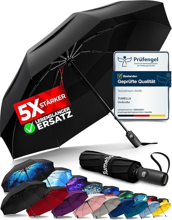 TUMELLA Parapluie de voyage compact résistant au vent petit parapluie solide mais léger portable pliable ouverture automatique prise en main solide convient pour voiture et sac à dos Rouge 42
