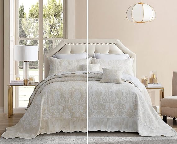 Jacquard Matelasse Damask Design Lightweight Reversible 5-Piece King Bedspread 100% Microfiber Ivory
