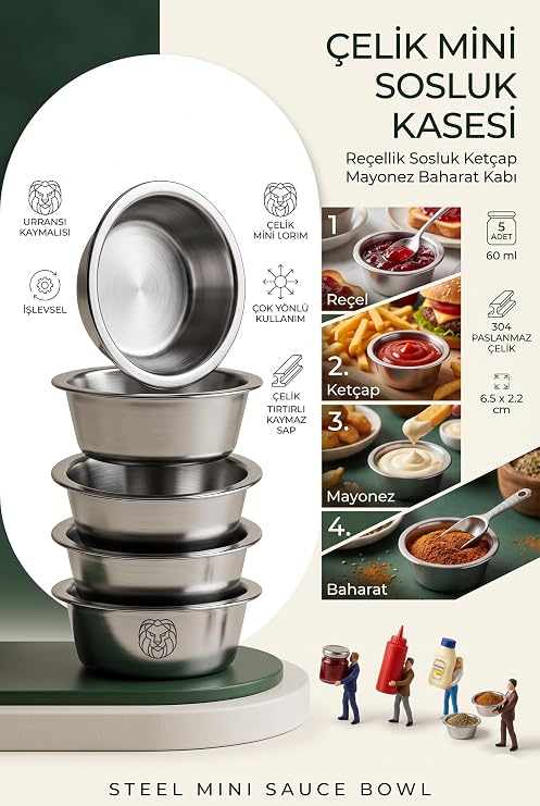 Transformacion Mini Sosluk Kasesi 5'lı Set 60 ml, Kafe Restoran Tipi Sos Reçel Mayonez Ketçap Baharat Kabı, Konik Dip Sos Kasesi 304 Paslanmaz Çelik Metal Sunum Tabaklar 723331