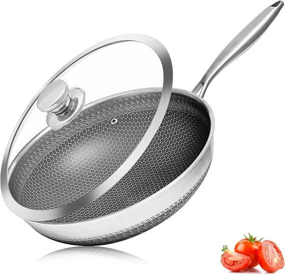 Vinchef Stainless Steel Wok Pan with Glass Lid 12 Inch, Honeycomb Nonstick Stir Frying Pan Induction Compatible and Dish Washer Safe