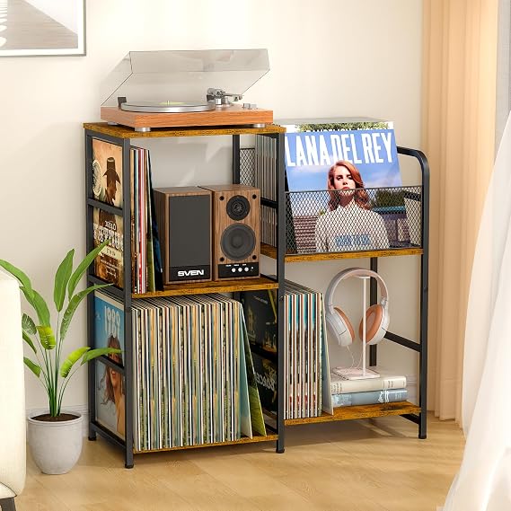 ThreeHio Record Player Stand, Turntable Stand with Vinyl Storage for up to 300+ Albums, Living Room Record Player Table