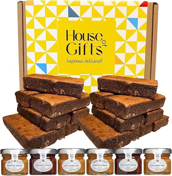 Chocolate Brownie Gift Box by Post | 12 Hand Baked Brownies with Unique Preserves Spreads Including 2 Salted Caramels, 2 Chocolates & 2 Banoffees