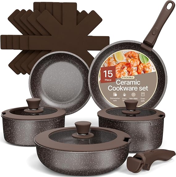 Bakken- Swiss Kitchen Cookware Set - Nonstick Granite Coating, Pots and Pans with Handles and Tempered Glass Lids, PFOA, PFOS, PTFE Free, Ceramic Max Temperature (Up to 500° F), Set of 15 - Dark Gray