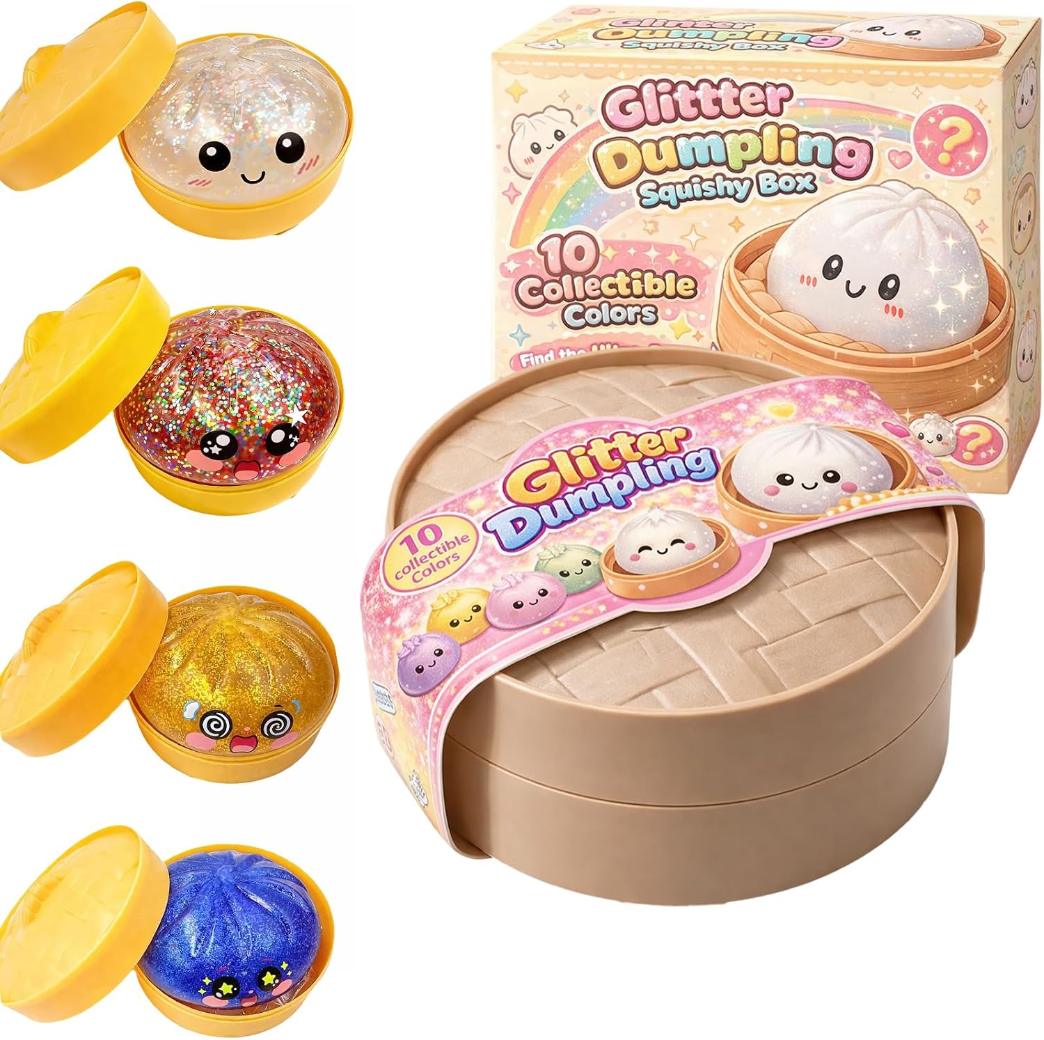 Dumplings Squishy, Glitter Dumpling Squishy, Squishiest Dumplings with Steamer Box, Random Color, Non-Edible, Find the Ultra-Rare White Glitter Variant (Random-Set A, 1Pc)