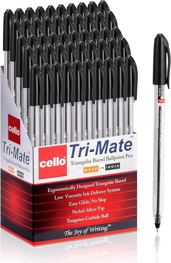Cello Tri-Mate Triangular Barrel Ballpoint Pen 1.00 mm (Black) - Pack of 50