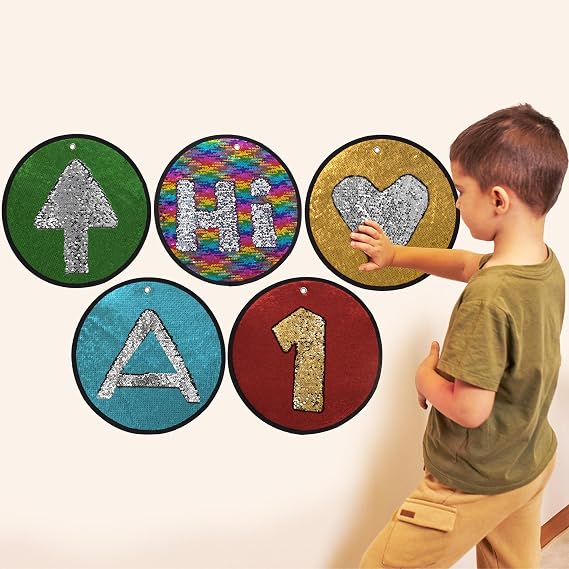 ODOXIA Sequin Fabric Mats | Sequin Fabric Sensory Wall | Sensory Tiles for Kids | Sequin Sensory Mats (Round) | 5-Pack