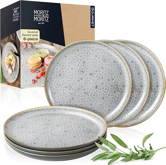 Moritz & Moritz Terra 6-piece Dessert Plate Set - Ø 20.5 cm - in Decent Grey Porcelain - Small Plate Set as Dessert or Cake Plates