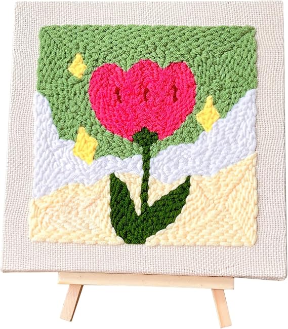 Complete Punch Needle Kit With Wooden Frame, Flower Design, Stand, And Tools – Rug Hooking Embroidery Set For Beginners (7.9 X 7.9 Inches)
