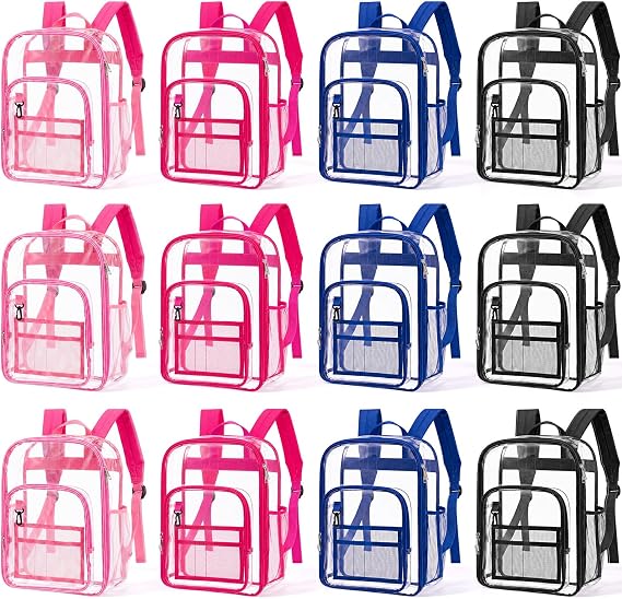 Sanwuta 17 Inch Clear Backpack Bulk for Students, Heavy Duty PVC Transparent Backpack Stadium Approved Bookbag, 4 Colors, 13 x 7 x 17 inches/ 33 x 17 x 43 cm, Clear