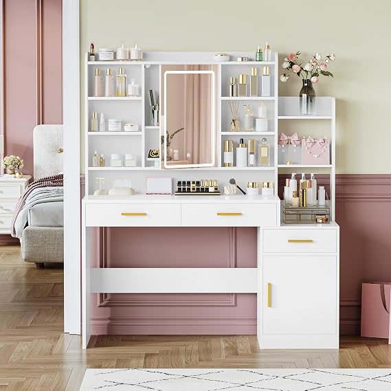 Hzuaneri Dressing Table with Mirror, Vanity Desk with Adjustable LED Light
