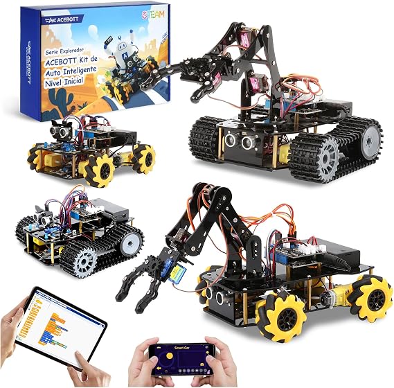 ACEBOTT Robotics for Kids Ages 12-16, 4 in 1 Smart Robot Arm with 5DOF + Tank Car, STEM Toys Coding Kit Compatible with Arduino & Scratch, App & Remote Control, for Kids & Teens