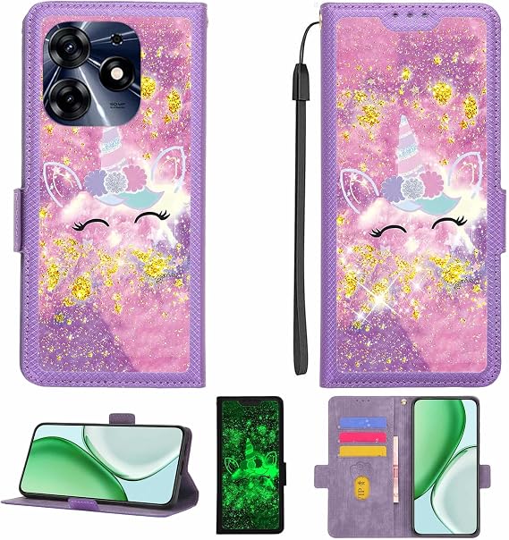 Case Compatible for Tecno Spark 10 Pro Phone Case Flip Cover [with Tempered Glass Screen Protector][RFID Blocking][Gold Glitter+Luminous] LPT-DJS
