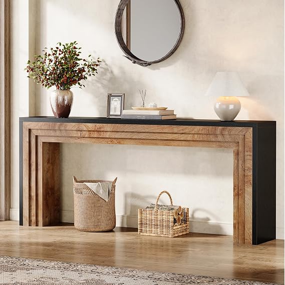 Tribesigns 180 cm Console Table, Farmhouse Slim Sofa Table Behind the Couch, Wooden Extra Long Hall Table for Living Room, Entryway, Hallway, Foyer, Black and Natural Wood Color