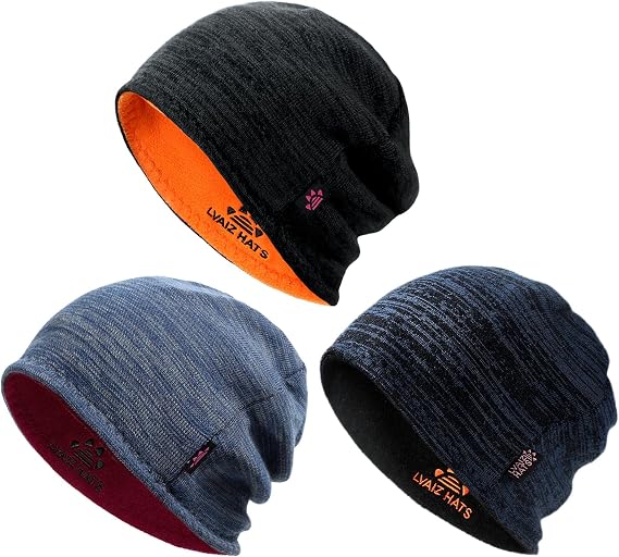 SHINCHIC 3 Pack Reversible Winter Fleece Lined Beanie Hats for Men Women Warm Windproof Cotton Stretchy Knitted Skull Caps