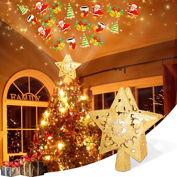 Star Christmas Tree Topper Lighted with Built-in Rotating LED Projector Glitter Gold Star Ornament Hollow Pentagram Treetop Projection Tree-topping for Christmas Decor New Year Party