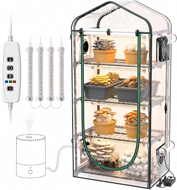 Mushroom Grow Tent, 4-Tier A-Frame with 4 LED Lights,Timer &Fan &FAE Ports