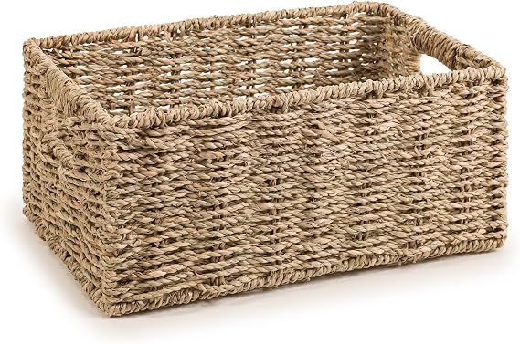 Woodluv Storage Baskets for Shelves, Woven Seagrass Hamper Gift Basket Bathroom, Bedroom, Storage Organiser Toys Shelf Basket, Medium