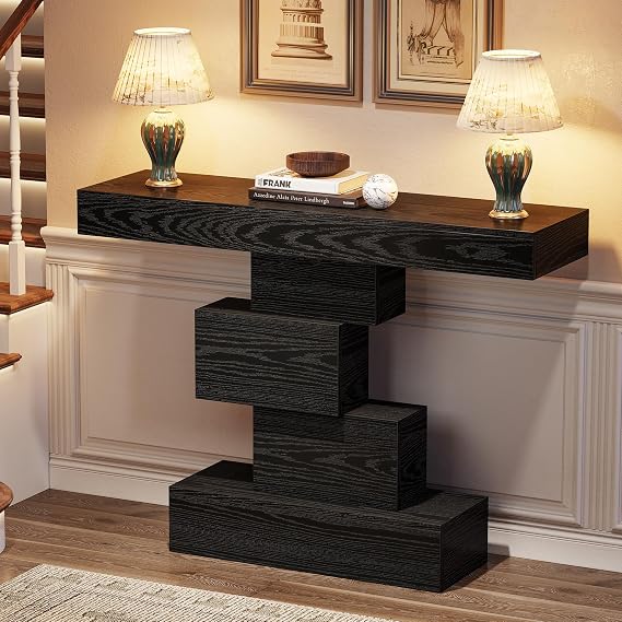Tribesigns Rustic Console Table, 108cm Slim Wood Sofa Side Table Behind Couch with Space Saving Geometric Base, Entryway Hallway Table for Living Room, Hallway, Entrance (Black)
