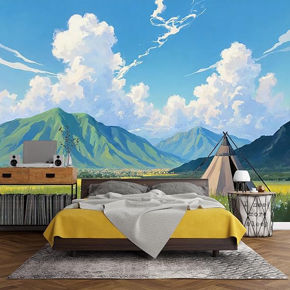 Custom Size Wall Mural， Landscape Mountain Meadow Tent Sky Clouds Scenery， SelfAdhesive Art Prints Wall Fabric (No PVC) Removable Wallpaper for Living Room Home Decor