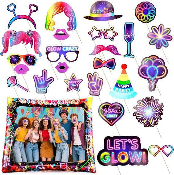 25 PCS Neon Photo Booth Props and Inflatable Frame Glow Party Set