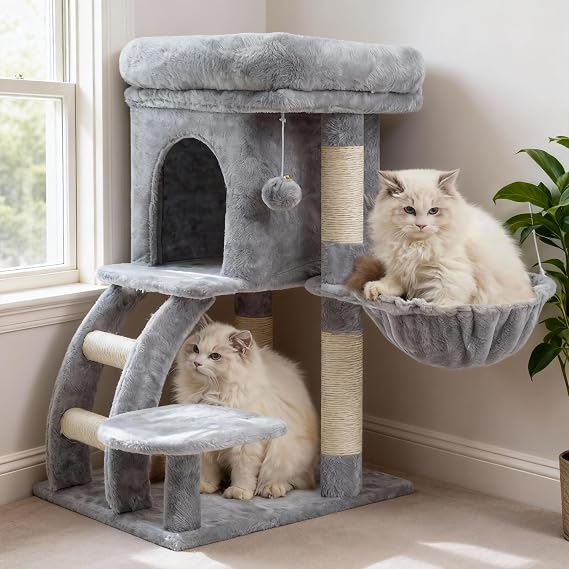 Heybly Cat Scratching Tree, 75 cm High Tower for Cats with Top Platform, Burrow, Hammock, Climbing Ladder, Cat Toys, Light Grey HCT009SW