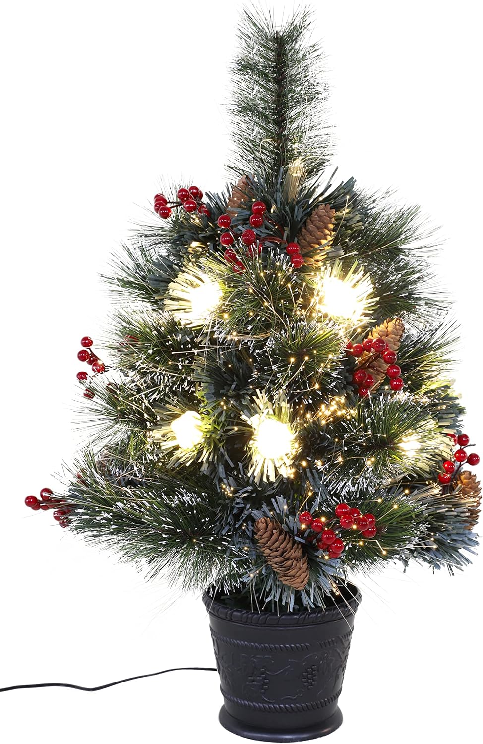 Christmas Concepts® 2ft 60cm Pre Lit Frosted Fibre Optic Christmas Tree With Warm White LED Rose Lights & Natural Cones & Red Berries