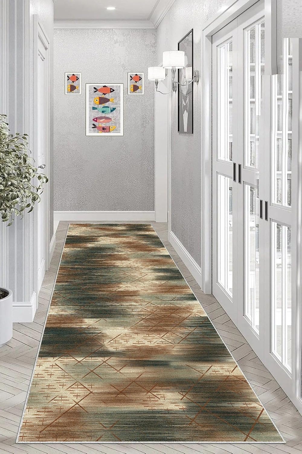 Pelangi Geometric Pattern Colorful Digital Printing Washable Anti-Slip Base Ethnic Rug Model Living Room Rug, Brown 80 x 200, 9555120802007