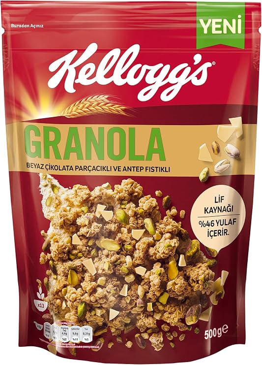 Kellogg's Granola Beyaz Çikolata Parçacıklı ve Antep Fıstıklı 500 Gr, Lif kaynağı, Kahvaltılık Gevrek