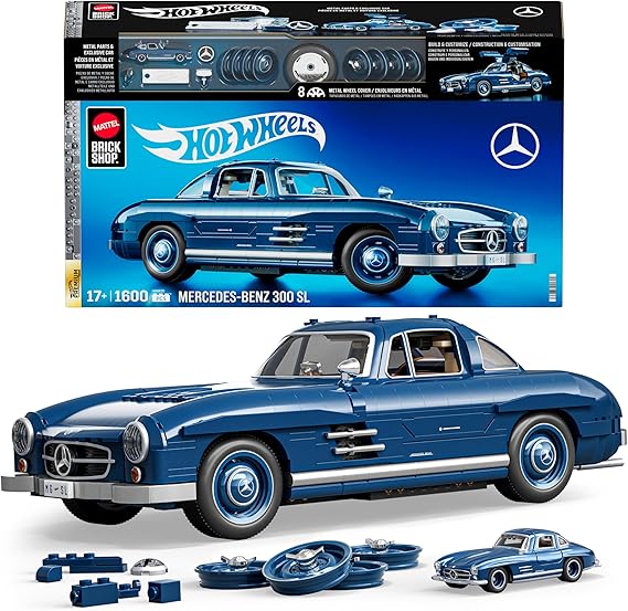 Mattel MEGA Hot Wheels koleksiyona uygun yarış arabası yapı oyuncağı, 1500 parçalı, metal, 1:12 ölçekli, gri renkli Mercedes-Benz 300 SL modeli, HWW25