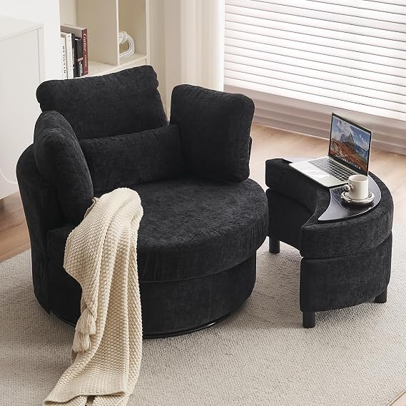 DEKKETO Chenille Swivel Cuddle Tub Chair with Storage Footstool, Black