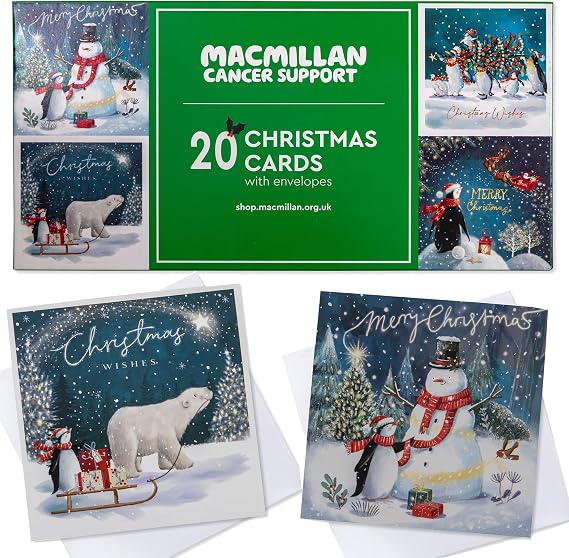 Macmillan Winter Scenes Charity Christmas Cards – Pack of 20 Luxury and Eco-Friendly Christmas Cards. Boxed Multipack of 4 Seasonal Christmas Designs. 127x127mm Card Size.