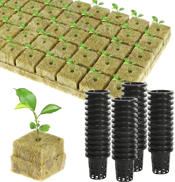 50 Pieces Rock Wool Cube with Mesh Pots, Rockwool Grow Cubes, Hydroponic Rock Wool, Garden Blocks Soilless Cultivation Cubes for Cutting, Transplanting, Cloning