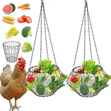Chicken Feeder, 2 Pack Foldable 6.5 Inch Large Poultry Vegetable Fruit Rack Basket with 17 Inch Hanging Chain, Adjustable Chicken/Duck/Rabbit/Goose Vegetable Skewers Toy