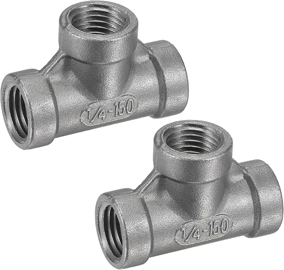 sourcing map Pipe Fitting Tee 1/4 NPT Female Thread Hose Connector Adapter, 304 Stainless Steel, Pack of 2