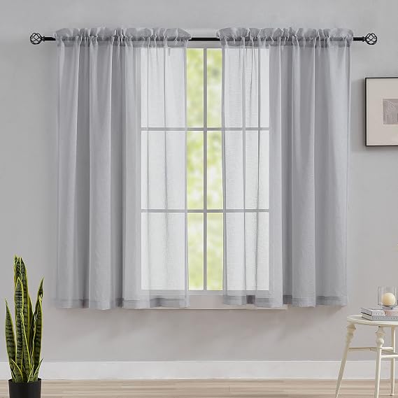 Home Brilliant Short Woven Voile Curtains for Bedroom 45 Drop, Net Sheer Curtains for Kitchens, 54 x 45 Inch, 114 CM Drop, Set of 2, Light Grey