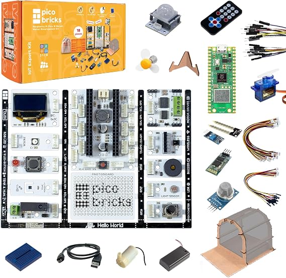 PicoBricks Raspberry Pi Pico W Starter Kit with 12 Detachable Sensors and Extensive Learning Guide, Raspberry Pi Starter Kit, STEM Coding Kit