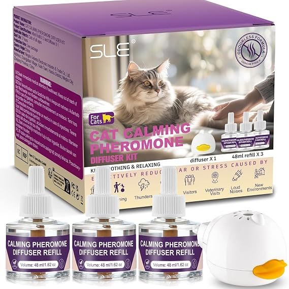 SLE Pheromone Cat Diffuser Kit Promotes Well-being and Behavioral Support Calming Diffuser Cat Anti-Stress Soothing (1 Diffuser + 3 Refills of 48 ml)